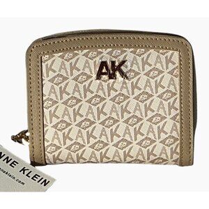 Anne Klein Small Zip Wallet Beige & Gold Monogram Faux Leather Compact Design